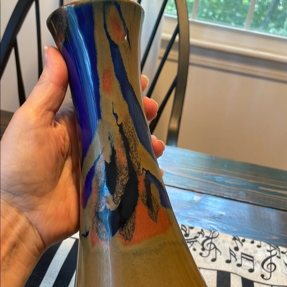 Lemax Vtg Blue Rust Brown Accent Stoneware Drip Vase Modern Sleek Elegance
